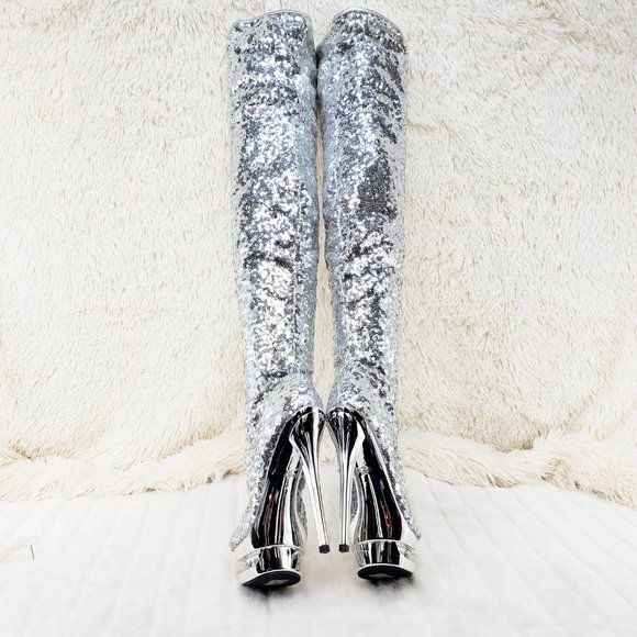 3011 Silver Sequin Open Toe Thigh High Heel Boots Blondie - Picture 9 of 15